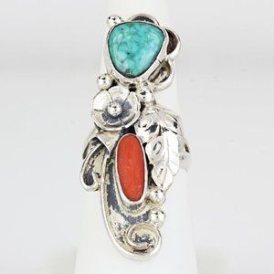 Sterling Silver Phil Chapo Navajo Turquoise + Coral Ring